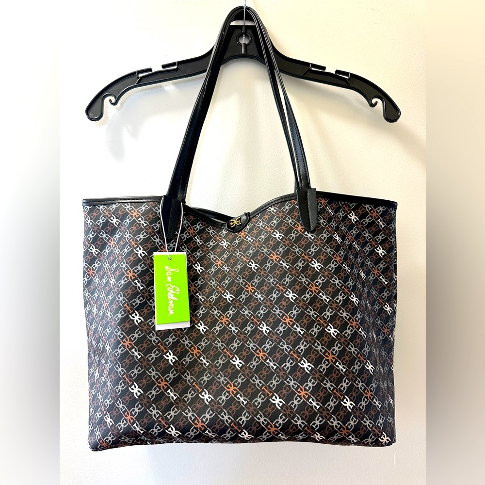 Sam Edelman Harper Black and Brown Tote Bag with Geometric Pattern.